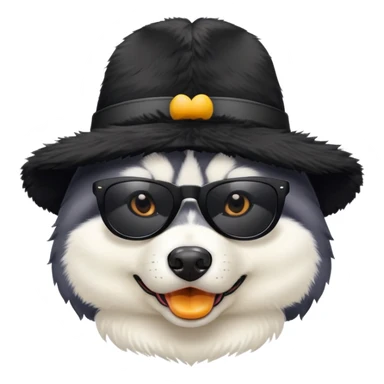 Husky dog wearing black sunglasses and a hat with duck pattern sticker