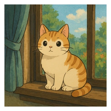 cute cat sitting on a windowsill, ghibli style sticker