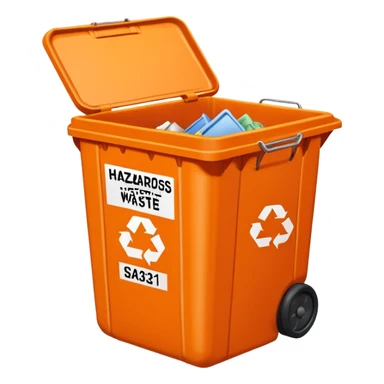 empty orange BIN WITH "hazardous WASTE" WORD IN IT sticker