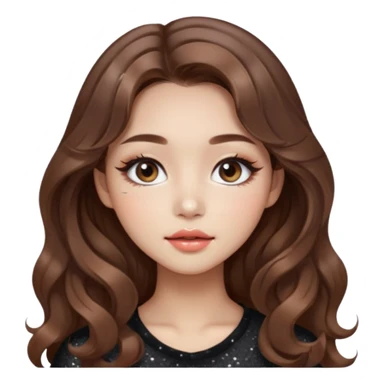 “korean brown hair Emoji girl, soft eyeliner, gradient lips, light brown shimmer eyeshadow, sparkly aegyo-sal, long wavy hair,  sticker