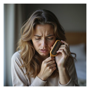 hyperrealistic 4K image of a woman with PCOS combing hair and noticing many hairs left on the brush, worried facial expression, thinning hair, domestic environment sticker