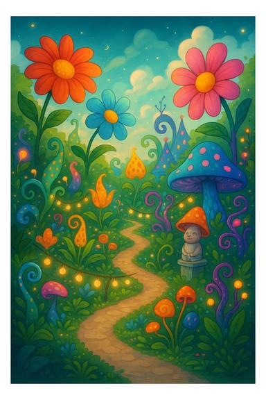 A whimsical botanical garden with oversized flowers, fantasy plants, and playful design sticker