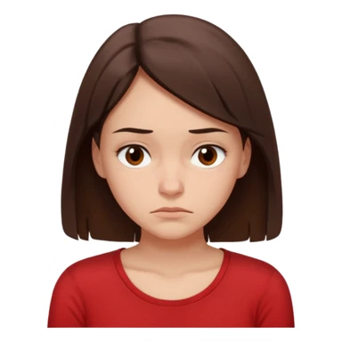 "Cartoon emoji of a young brunette woman with fair-medium skin, brown eyes, wearing a simple red top. Portrait mode, slouched, looking down, overthinking and insecure. Small frown, worried eyes. Smooth, friendly, stylized, Mary Jane–like appearance." sticker