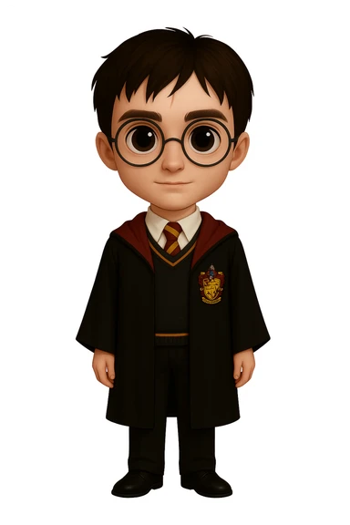 Adjust Harry Potter to full body, standing, wearing traditional Gryffindor uniform, round glasses, scar on forehead, large eyes, with body proportions elongated and similar to the provided references, maintaining the same visual style as the original images. sticker