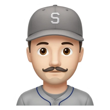 white young male with small dark brown goatee beard and moustache with grey tones wearing a grey baseball cap backwards with hazel eyes sticker