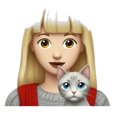 girl with short blonde hair and bangs (a fringe) with blue eyes, long eyelashes and red lipstick in a red cable knit sweater holding a grey cat sticker