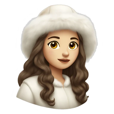 Slavic girl with dark eyes and brown wavy long hair wearing a white fur hat and white Mink fur coat sticker