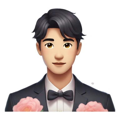 Gorgeous romantic anime style Asian formal modern gentlemanly guy with flowers and blushing face aesthetic trending style outside with colorful gradient colors sticker