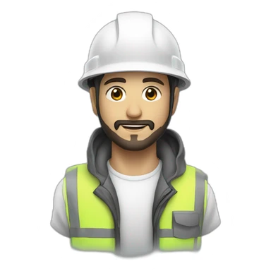 A young electrical engineer with a light black beard, a white helmet and a phosphorescent protection jacket sticker