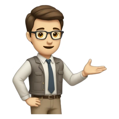 To belt Actively gesturing with hands Pale skinned fit man teacher with dark brown hair in gray jacket, beige office shirt, brown tie, brown pants and vintage glasses. sticker