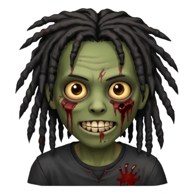 zombie with brown skin, messy black dreads hair, wide centered brown eyes, dark bloody marks under the eyes, and a smile showing shiny metal teeth,black shirt, giving a distressed, undead look. sticker