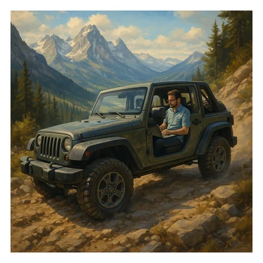 A jeep climbing a mountain trail, with an IT worker inside, multitasking between a laptop and enjoying the view, representing dedication and work-life balance. sticker