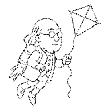 Ben Franklin with jetpack and diamond kite, hand-drawn black outline, minimalist sticker