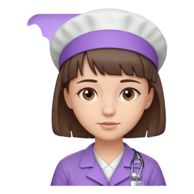 A young female slim nurse with short Brown hair with fringe over her forehead, wearing larvendar purple working cloth sticker