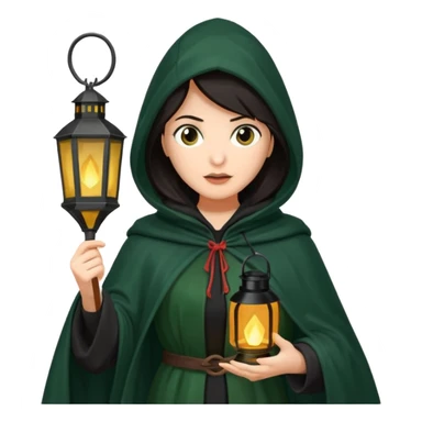traitor tv show, dark haired woman wearing dark green cloak with hood up who looks evil and is holding up a lantern sticker