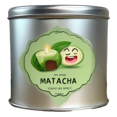 pretty matcha scented candle in silver tin with vintage label realistic sticker