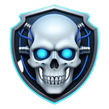 Cyberpunk shield, skull with cybernetic implants, glowing wires, dark electric blue and black tones, no background sticker