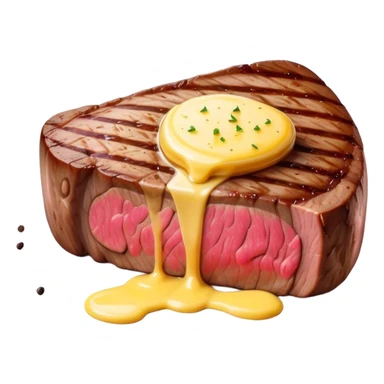 Cinematic thick-cut steak, perfectly seared with grill marks, a juicy pink center, butter melting on top, rich and savory, warm glow, sizzling and mouthwatering, highly detailed and appetizing. sticker