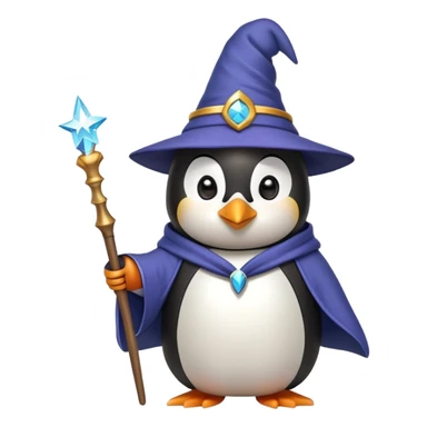 penguin wearing a wizard hat and robe, holding a magic wand sticker