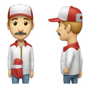 a white male wearing red with a moustache and a trucker hat sticker