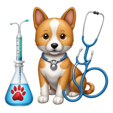 An icon featuring a stethoscope, a paw print, and a syringe, symbolizing veterinary medicine. The design includes a dog and a cat, alongside medical tools, representing animal care, diagnosis, and treatment. Transparent background highlights the science of animal health and well-being. sticker