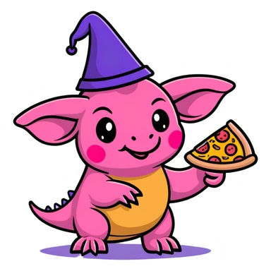 pink triceratops with a wizard hat holding a pepperoni sausage pizza slice sticker