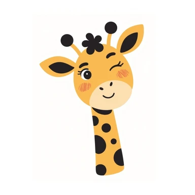 An adorable cartoon giraffe face with one eye slightly closed in a wink, a big cheerful smile, and a tiny raised hoof waving hello. Rosy cheeks, sparkles in the eyes, and a warm yellow-brown palette. The expression should feel inviting, like a happy 'Hi chat!' Perfect for greetings sticker