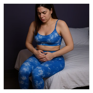 A slender woman in 4K sitting on the edge of the bed, hands gently pressing on the lower abdomen, expression of discomfort and slight pain, gaze directed downward, inspired by the reference photo. sticker