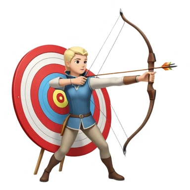 An archer drawing a bow and aiming an arrow at a target, with perfect focus and precision. The target is visible in the background, featuring concentric rings. The scene captures the concentration and skill involved in archery, emphasizing the elegance and accuracy of the sport. sticker