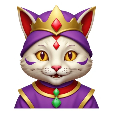 crazy colorful cute little cat jolly joker from poker, medieval, vintage, court jester, mac os icon, purple, gold and red color, half body. Squared shape as 3D mac os icon sticker