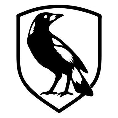 Collingwood Magpies logo-inspired magpie, bold black and white, shield background, modern style sticker