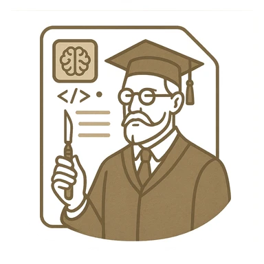 minimal elegant icon of a scholarly professor in classic academia style, dignified and not teaching, with a scalpel, set against a document background blending vintage academic motifs and subtle AI interface elements, refined cultured color scheme, technical and precise sticker