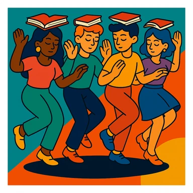 Group dance with several people balancing books while dancing, mid-step, focused on reading, colorful and whimsical, vibrant and playful style sticker