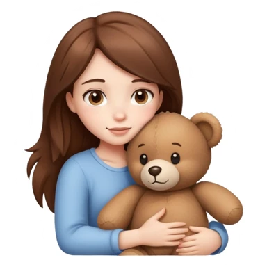 brown hair girl, white skin, hugging a teddy bear sticker