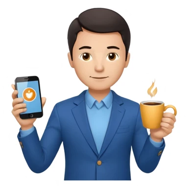 Confident male entrepreneur, short dark hair, slight smile, blue blazer over light blue shirt, holding a smartphone with a chart in one hand and a coffee cup in the other, front-facing, half-body sticker