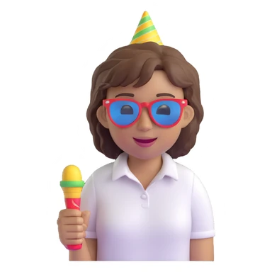 3D emoji style character with short tousled brown hair, light skin, white shirt, festive party vibe, sunglasses, party horn, cheerful expression, fiestero emoji sticker