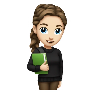 caucasian white girl student, holding laptop, blue eyes, dark brown hair ponytail wearing a thick black sweater sticker