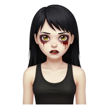 Crie um emoji de zumbi garota do iphone que tenha o cabelo preto longo, de cumprimento no peito, que tenha uma franja no tamanho da sobrancelha, com os olhos escuros e que use uma regata preta sticker