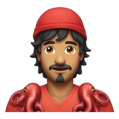 indian man with black hair a hat and a red octopus shirt sticker