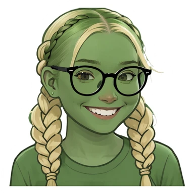 a blonde girl with green glasses and two braids smiling really big sticker