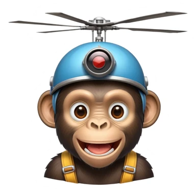 Chimpanzee smiling menacingly while wearing helicopter hat sticker