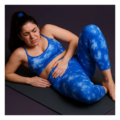 Slim woman in 4K, lying on a mat, knees bent, both hands pressing on left hip, eyes closed in intense pain, inspired by the reference photo. sticker