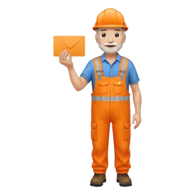 older engineer hi-vis orange overalls standing full body holding a card sticker