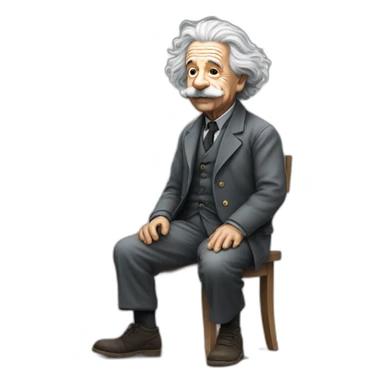a full body perspective of albert einstein sitting on an invisible edge sticker