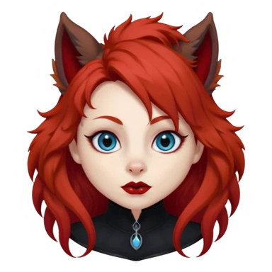  long curly blood red hair (darker), red pointed squirrel ears with black trim, black goth outfits, body and face human, blue eyes, more pointy chin, black lipstick, one big fluffy red squirrel tail with black tips, close her mouth, less evil looking sticker