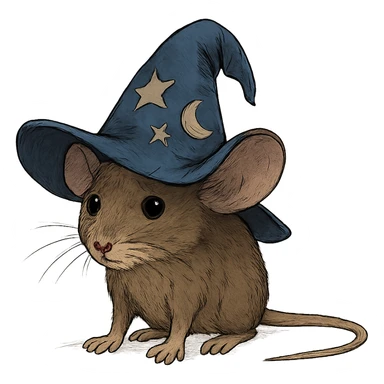 timid house mouse with muted brown fur, large outward tilted ears, beady eyes looking uncertain, wearing huge deep blue wizard hat with stitched stars and crescent moon, floppy uneven brim drooping at top, front paws flat, tail straight out behind making it look awkward in outfit sticker