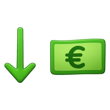 Create an image with two separate elements on a transparent background in classic Apple emoji style. On the left, a single green downward arrow with one arrowhead and clear space around it. On the right, a single banknote featuring a Euro sign, styled as a classic Apple emoji. Both elements should be clearly separated and maintain the look and feel of Apple-style emojis. sticker