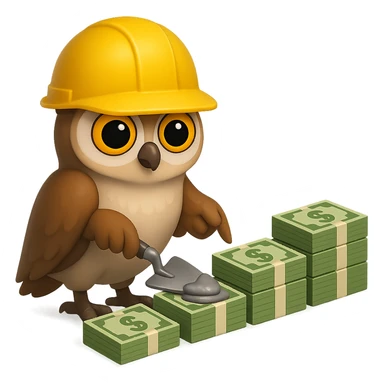 В стилистике эмоджи сгенерируй сову, она в строительно шлеме сосредоточено мастерком для цемента выкладывает пачки долларов по переднему плану будто они кирпичи, пачки идут в возрастающем порядке, картинка символизирует "управляемый рост выручки", прозрачный фон sticker
