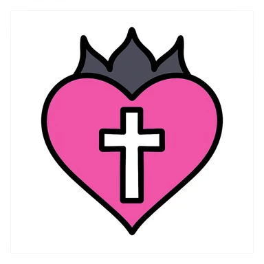 gothic heart with a silver cross, color icon style, pink and black sticker