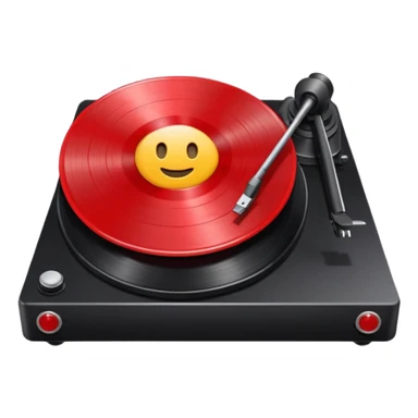 Generate a high-quality 3D cartoon-style emoji of a red LP record placed inside a black LP turntable, realistic shading, smooth gradient colors, rounded and cute appearance, simple white background, high-resolution.
 sticker